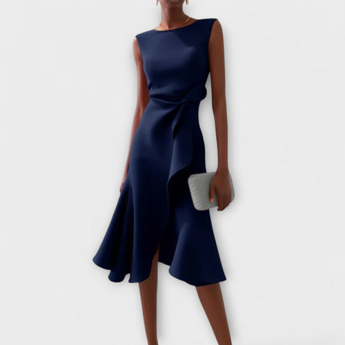 Asymmetric White Midi Dress for Women with Draped Detail - Elegant Occasions 1