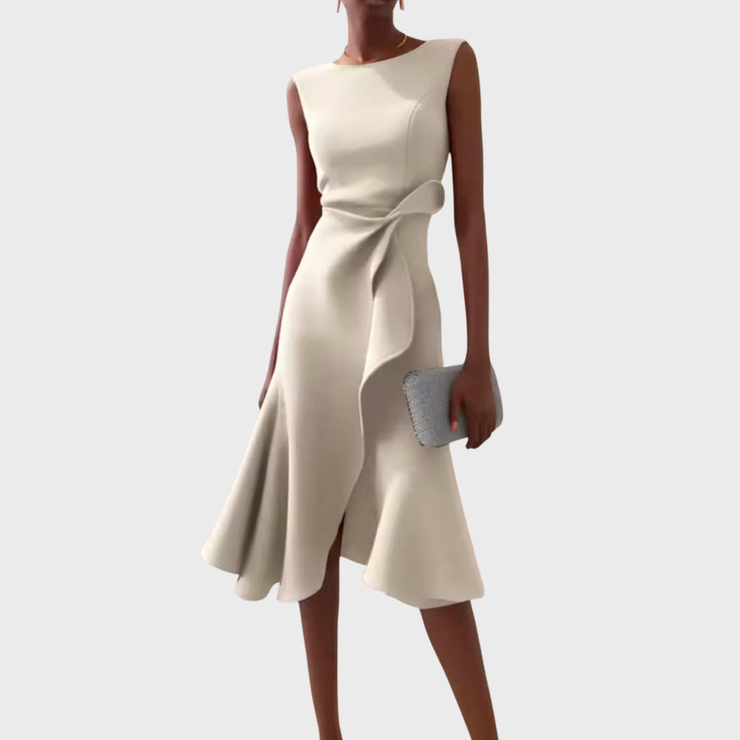 Asymmetric White Midi Dress for Women with Draped Detail - Elegant Occasions 9