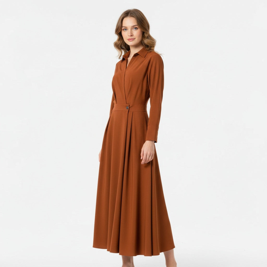 Aveline - Women's Cotton-Blend Long Shirt-Dress with Polo Collar, Knee-Length 1