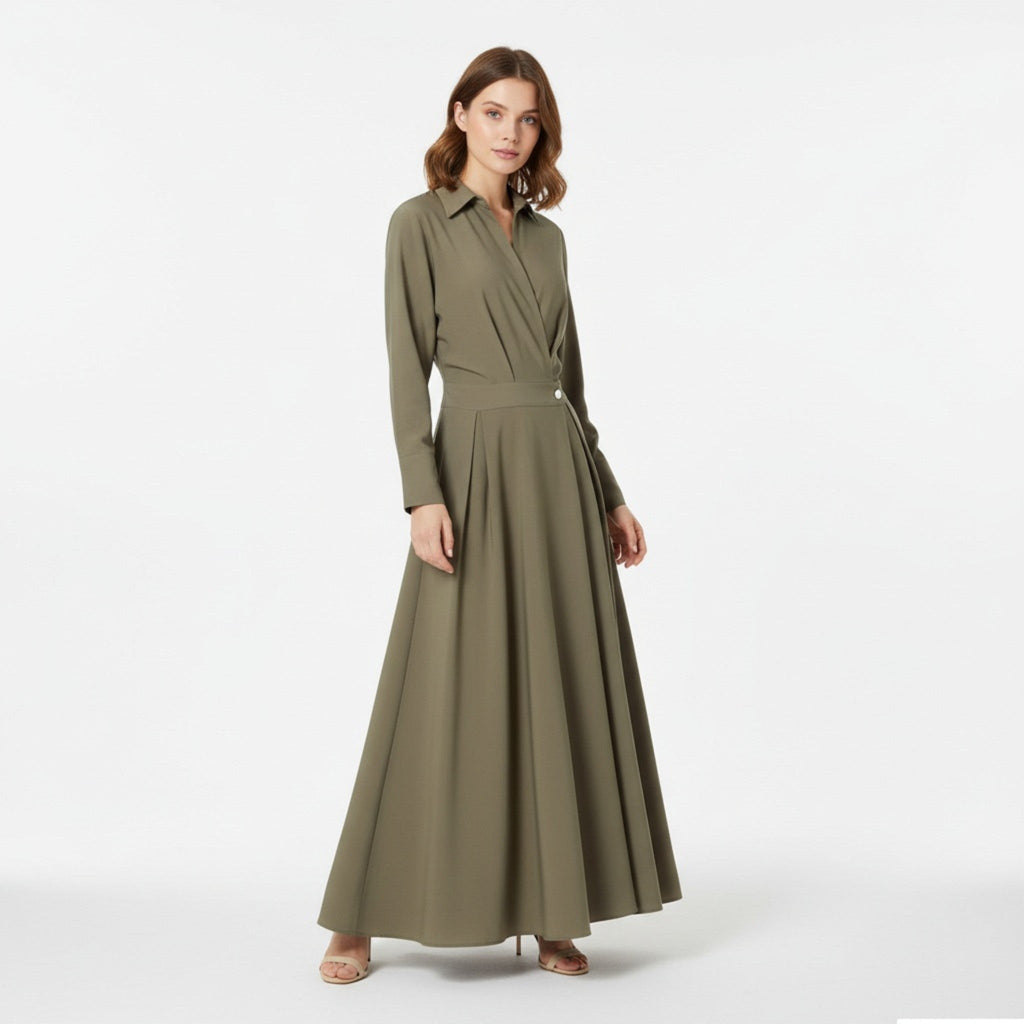 Aveline - Women's Cotton-Blend Long Shirt-Dress with Polo Collar, Knee-Length 3