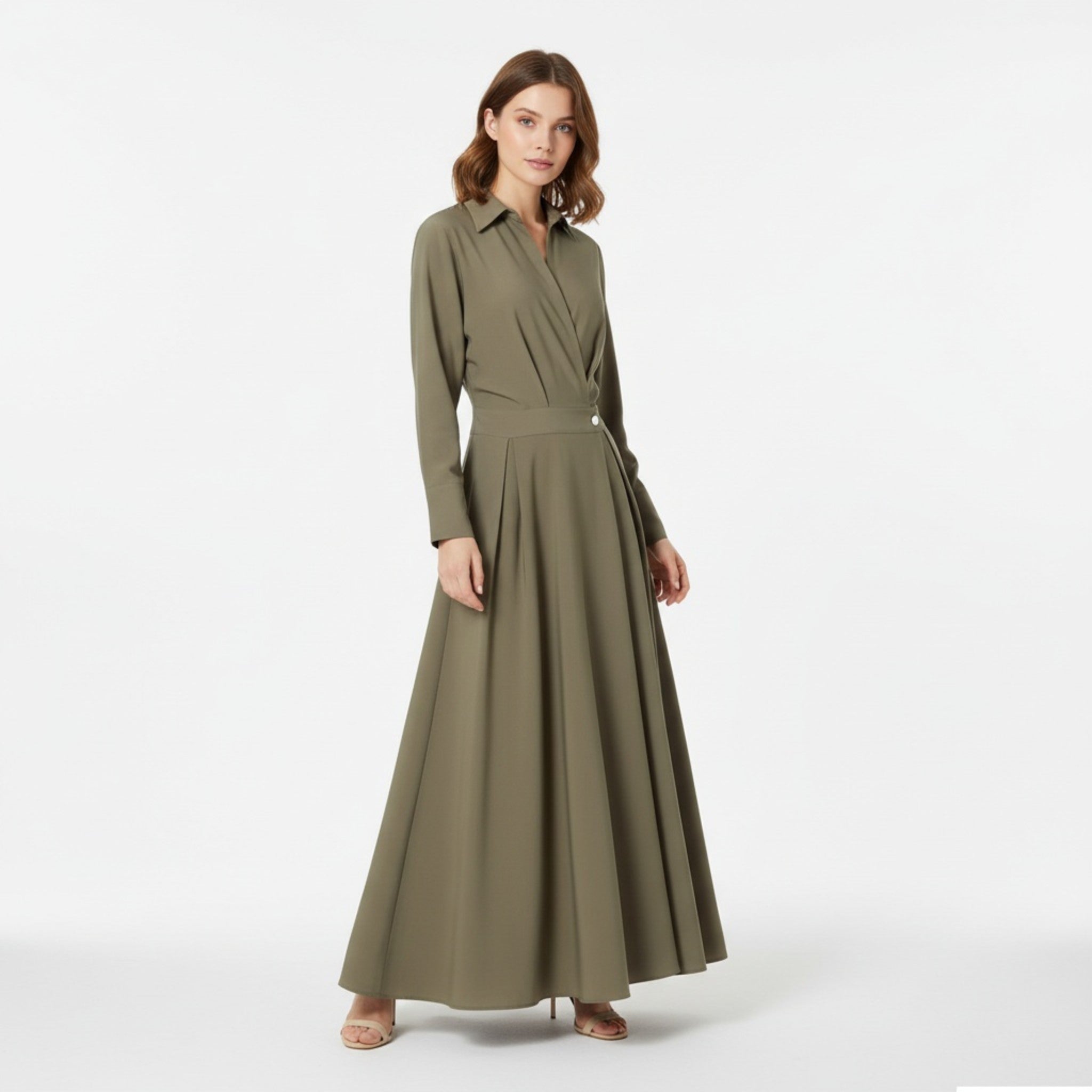 Aveline - Women's Cotton-Blend Long Shirt-Dress with Polo Collar, Knee-Length 3