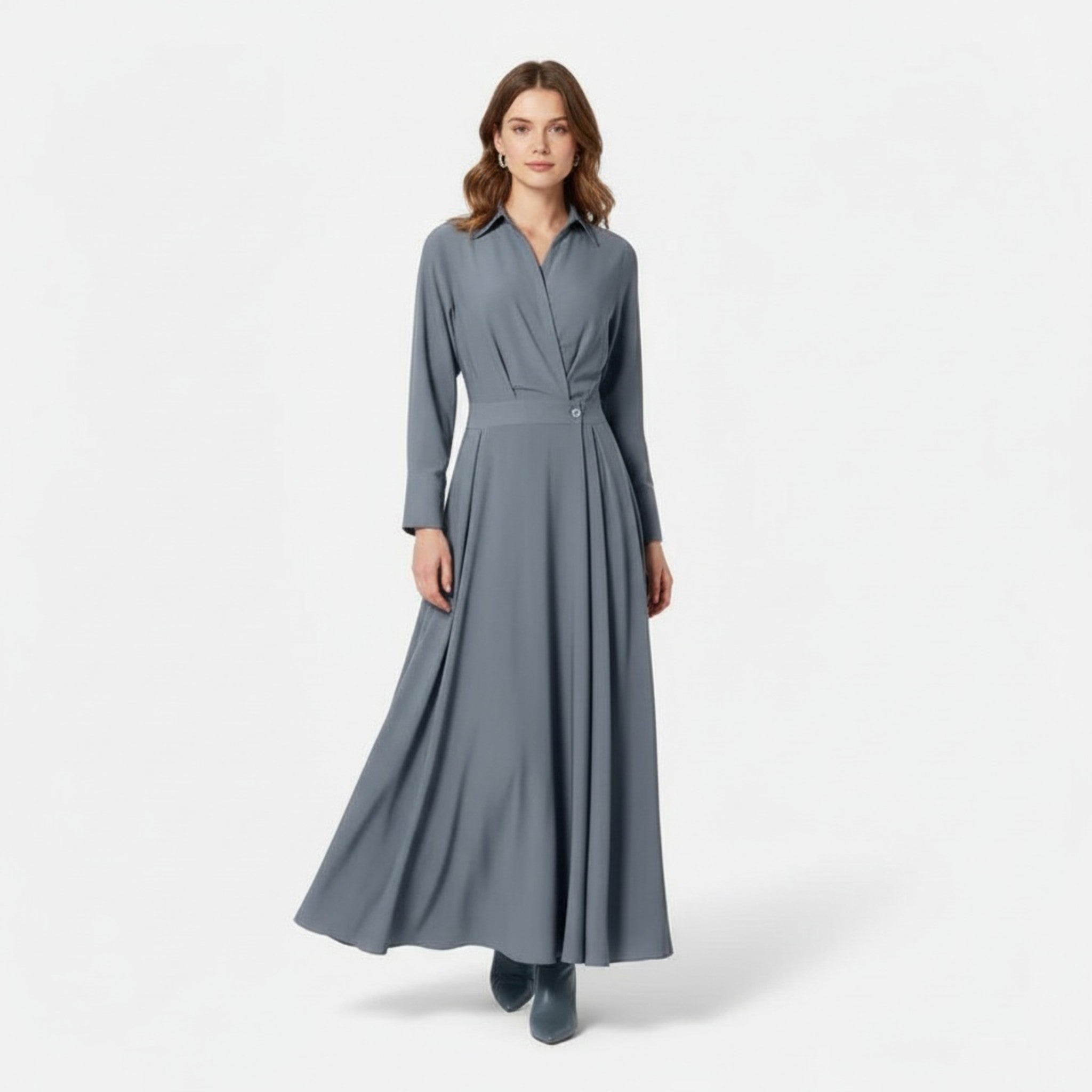 Aveline - Women's Cotton-Blend Long Shirt-Dress with Polo Collar, Knee-Length 6