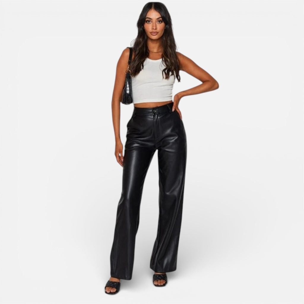 Aveline the Label - Women's Faux Leather Straight-Leg Pants with Zipper Fly 7