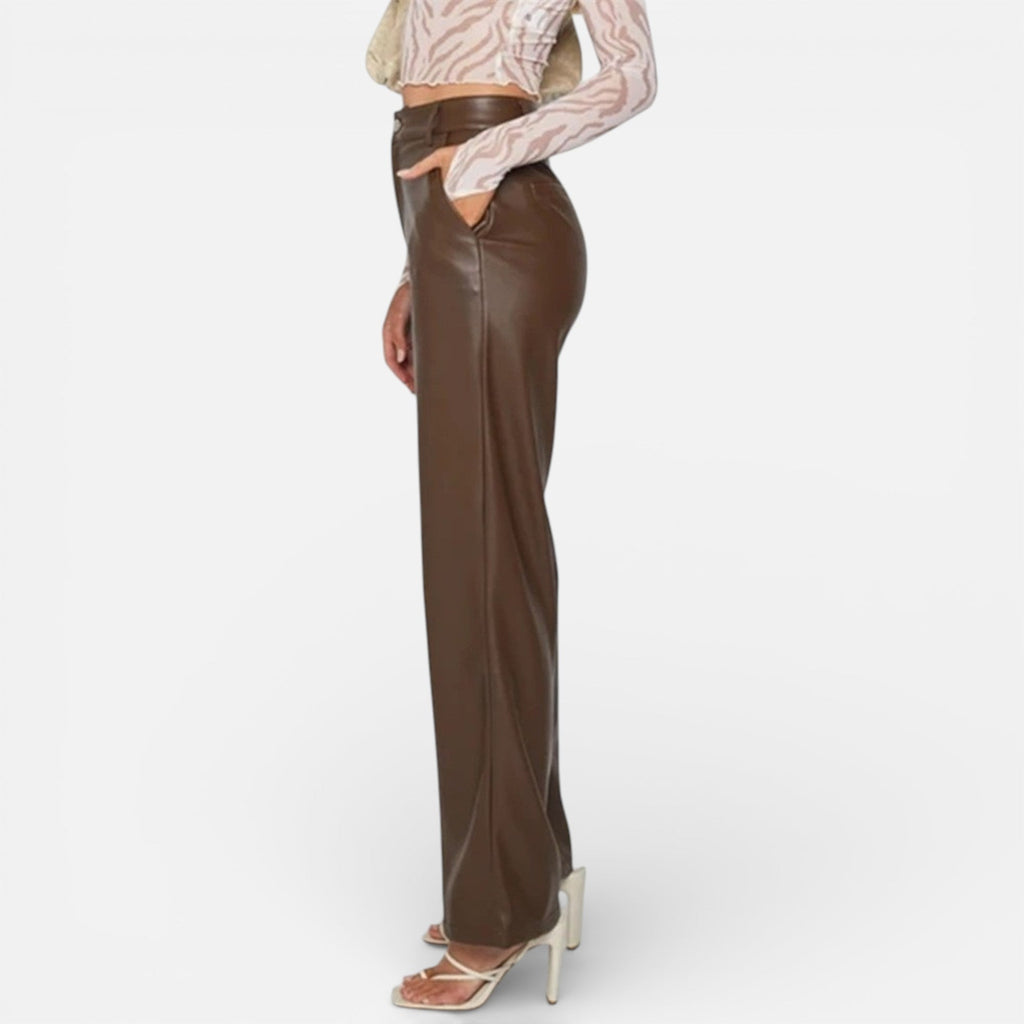 Aveline the Label - Women's Faux Leather Straight-Leg Pants with Zipper Fly 8