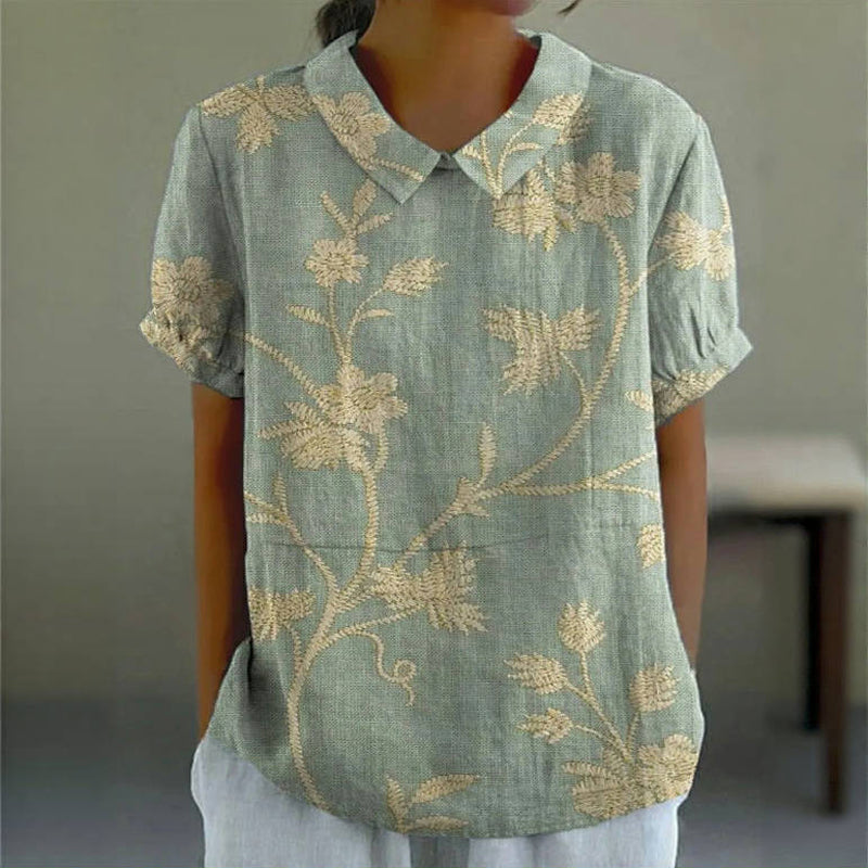 Chic Floral Print Womens Blouse - Short Sleeve Cotton-Polyester Summer Top 0