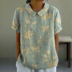 Chic Floral Print Womens Blouse - Short Sleeve Cotton-Polyester Summer Top 0