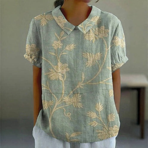 Chic Floral Print Womens Blouse - Short Sleeve Cotton-Polyester Summer Top 1