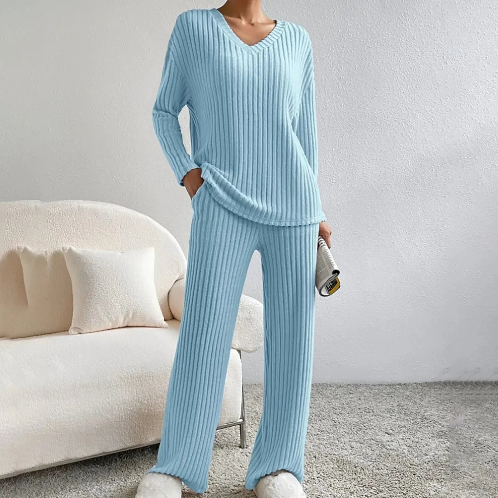 Chic Knit Womens Loungewear Set - V-Neck Top & Wide Leg Pants for Comfort 10