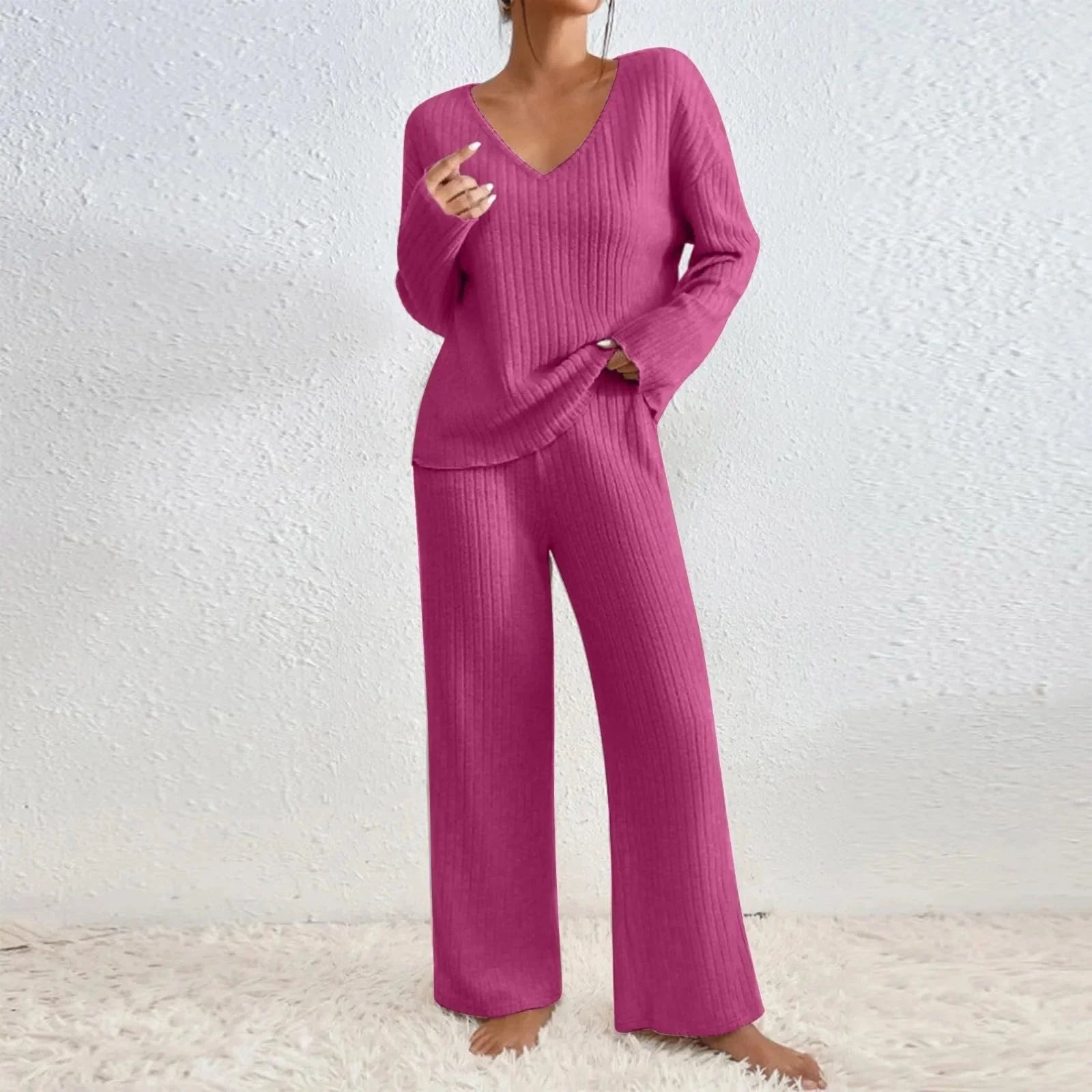 Chic Knit Womens Loungewear Set - V-Neck Top & Wide Leg Pants for Comfort 11
