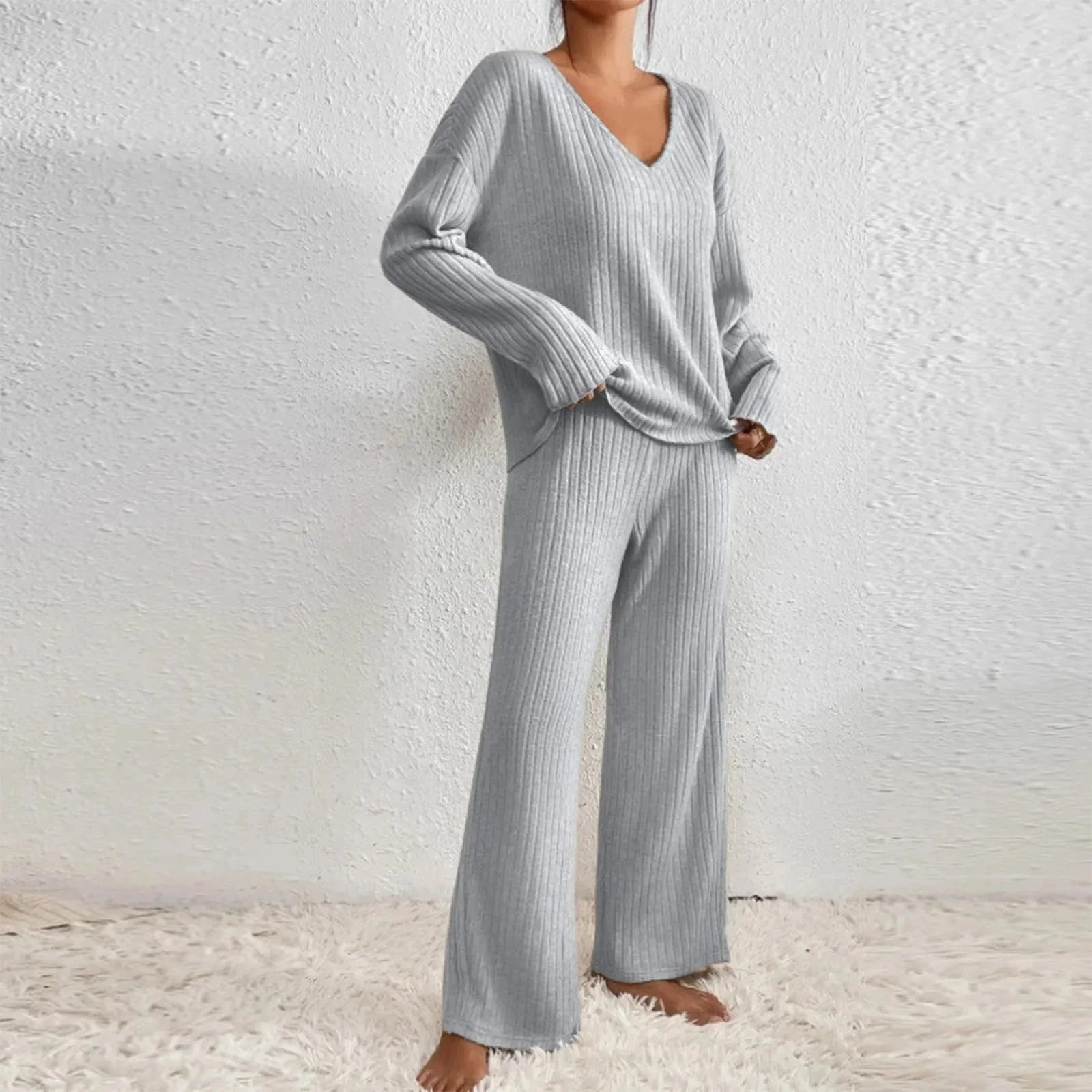 Chic Knit Womens Loungewear Set - V-Neck Top & Wide Leg Pants for Comfort 12