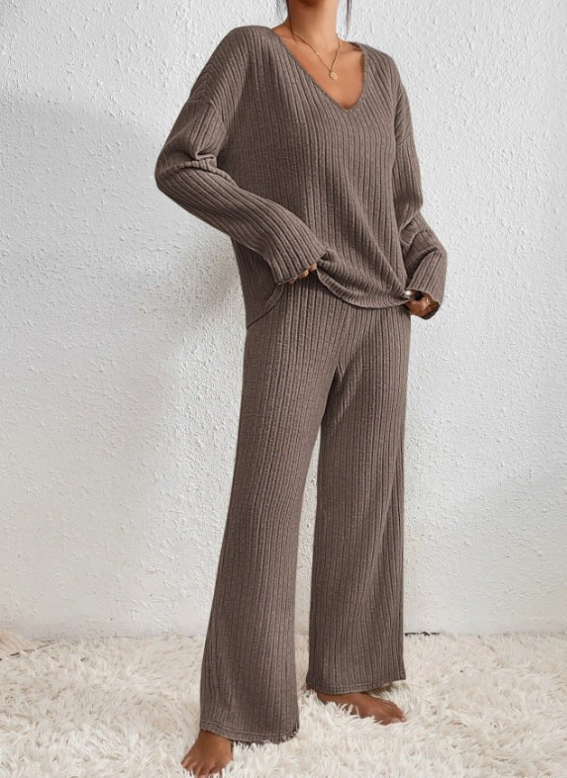 Chic Knit Womens Loungewear Set - V-Neck Top & Wide Leg Pants for Comfort 13