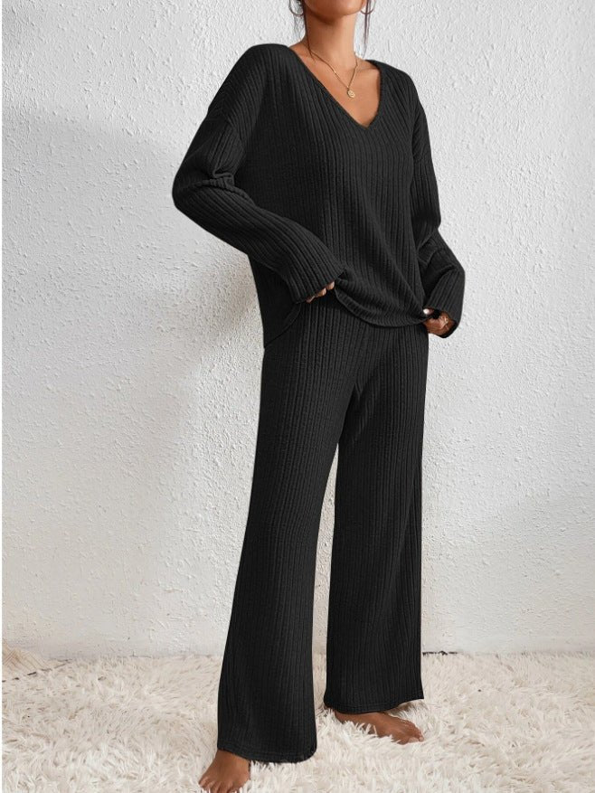Chic Knit Womens Loungewear Set - V-Neck Top & Wide Leg Pants for Comfort 3