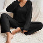 Chic Knit Womens Loungewear Set - V-Neck Top & Wide Leg Pants for Comfort 5