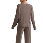 Chic Knit Womens Loungewear Set - V-Neck Top & Wide Leg Pants for Comfort 6