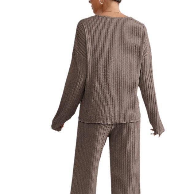 Chic Knit Womens Loungewear Set - V-Neck Top & Wide Leg Pants for Comfort 6