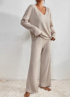 Chic Knit Womens Loungewear Set - V-Neck Top & Wide Leg Pants for Comfort 7