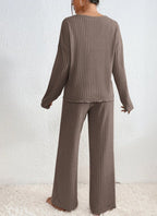 Chic Knit Womens Loungewear Set - V-Neck Top & Wide Leg Pants for Comfort 8