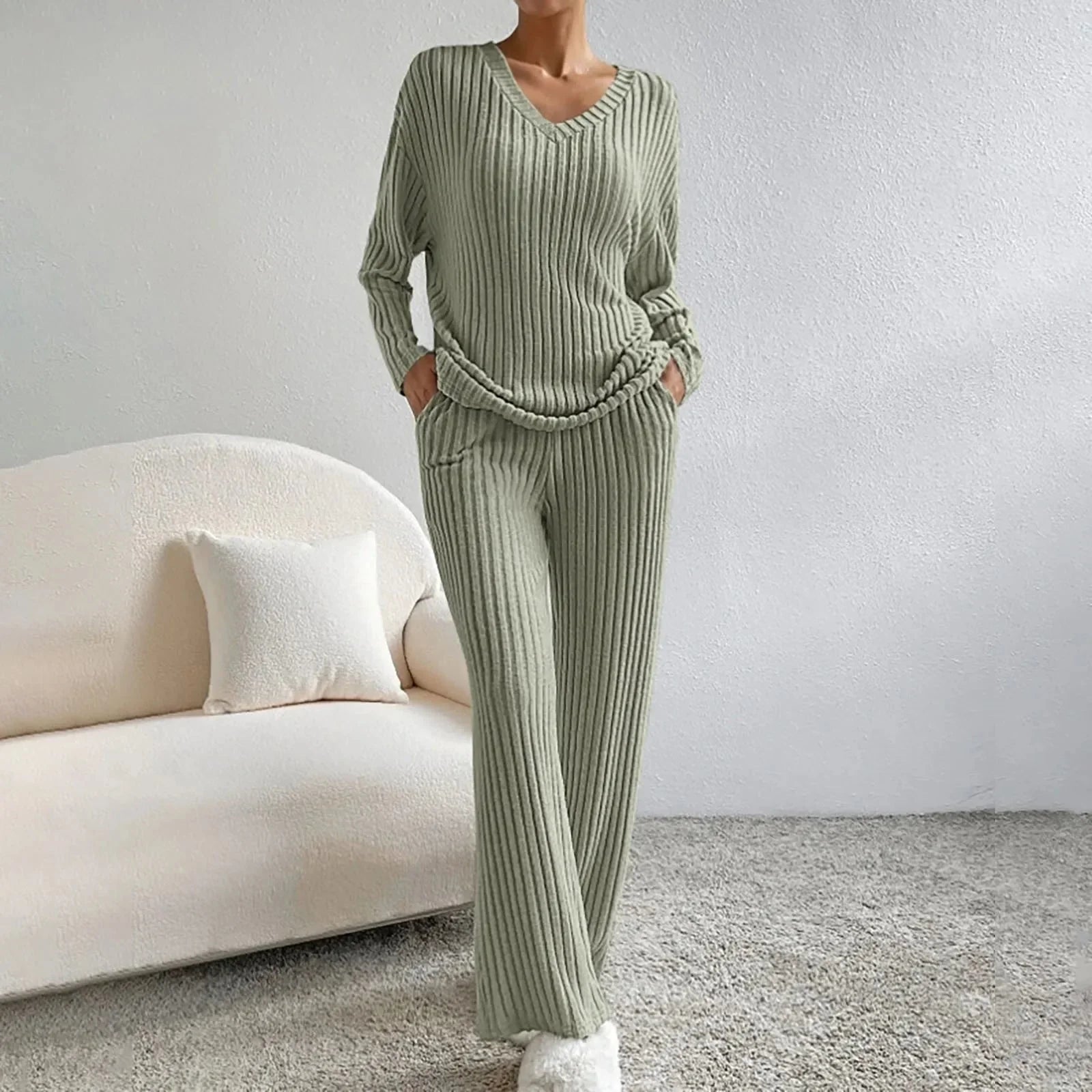 Chic Knit Womens Loungewear Set - V-Neck Top & Wide Leg Pants for Comfort 9