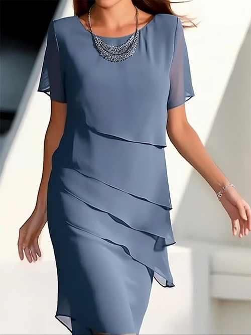 Chic Layered Midi Dress for Women - Elegant Short Sleeve Formal Dresses 0