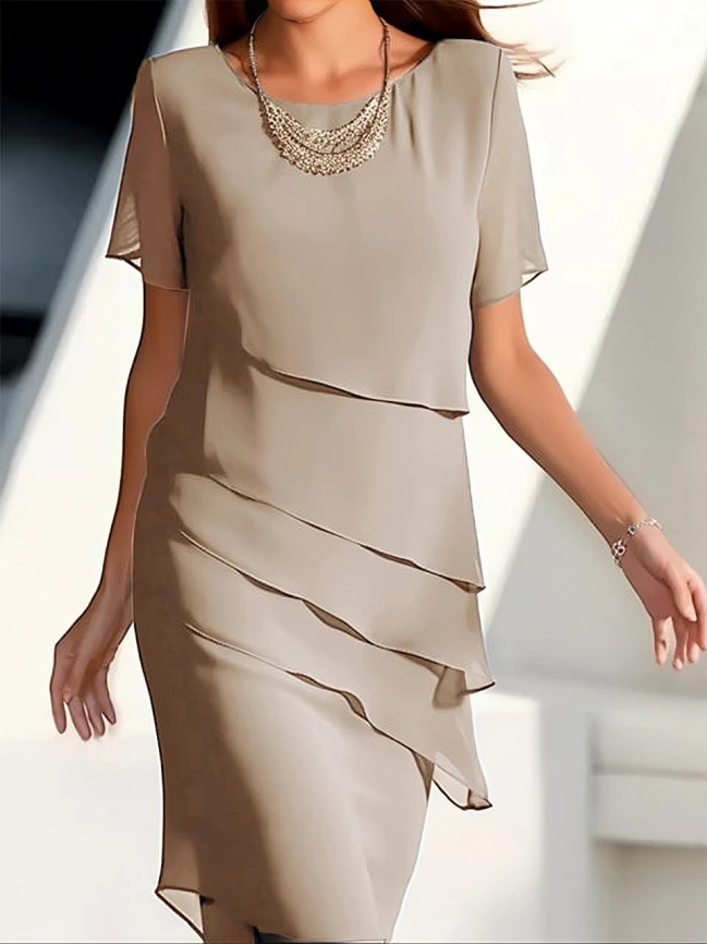 Chic Layered Midi Dress for Women - Elegant Short Sleeve Formal Dresses 1
