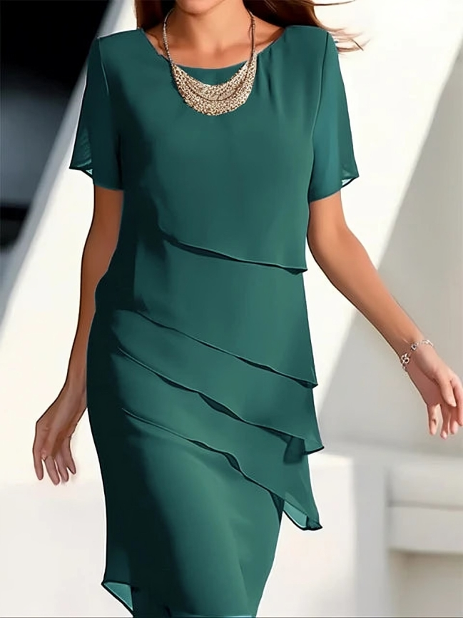 Chic Layered Midi Dress for Women - Elegant Short Sleeve Formal Dresses 2