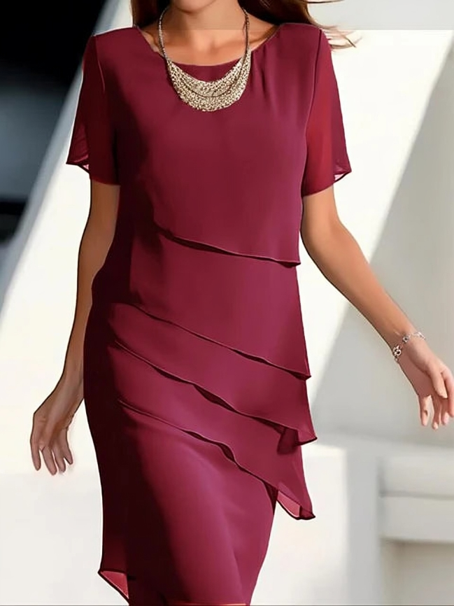 Chic Layered Midi Dress for Women - Elegant Short Sleeve Formal Dresses 3