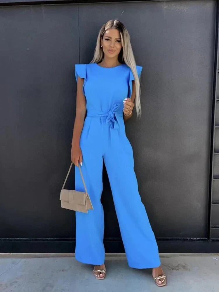 Chic Women's Wide Leg Jumpsuit with Tie Waist and Ruffle Sleeves 0