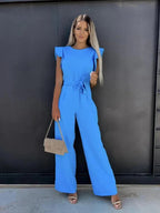 Chic Women's Wide Leg Jumpsuit with Tie Waist and Ruffle Sleeves 0