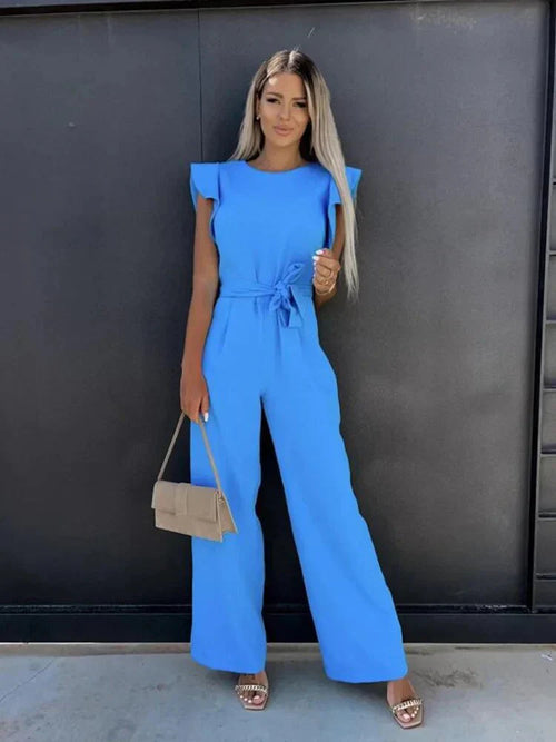 Chic Women's Wide Leg Jumpsuit with Tie Waist and Ruffle Sleeves 1