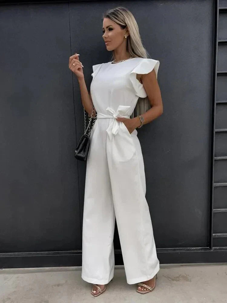Chic Women's Wide Leg Jumpsuit with Tie Waist and Ruffle Sleeves 2