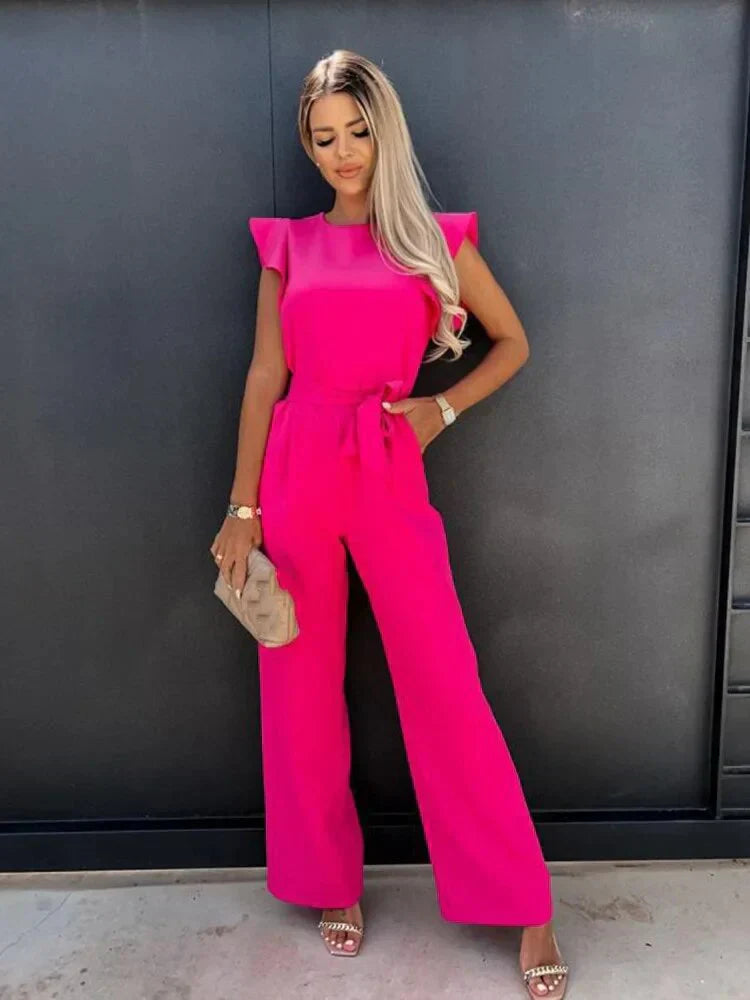 Chic Women's Wide Leg Jumpsuit with Tie Waist and Ruffle Sleeves 3