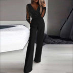 Elegant Black Jumpsuit Women - Long Sleeve Wide Leg Design for Versatile Style 0