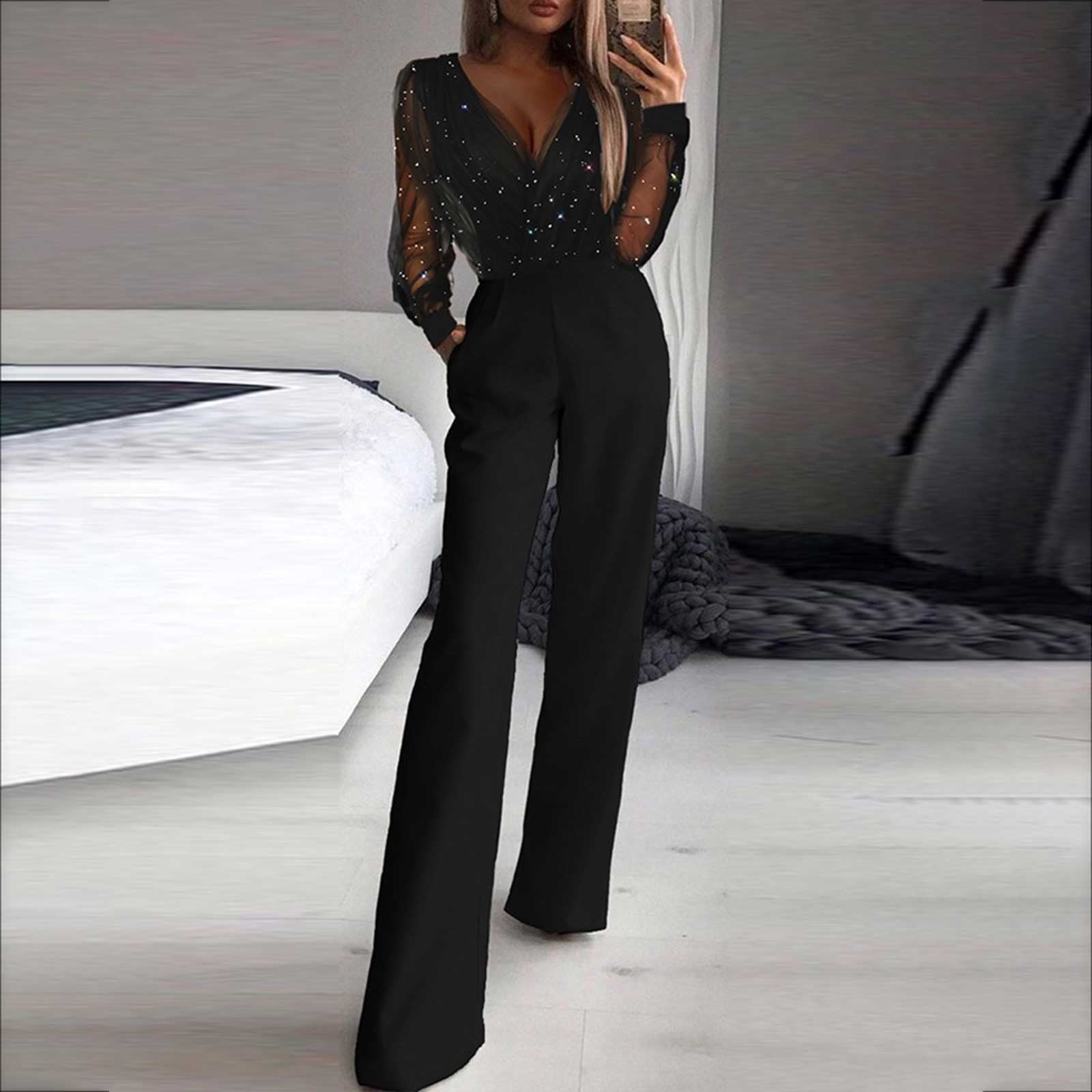 Elegant Black Jumpsuit Women - Long Sleeve Wide Leg Design for Versatile Style 0