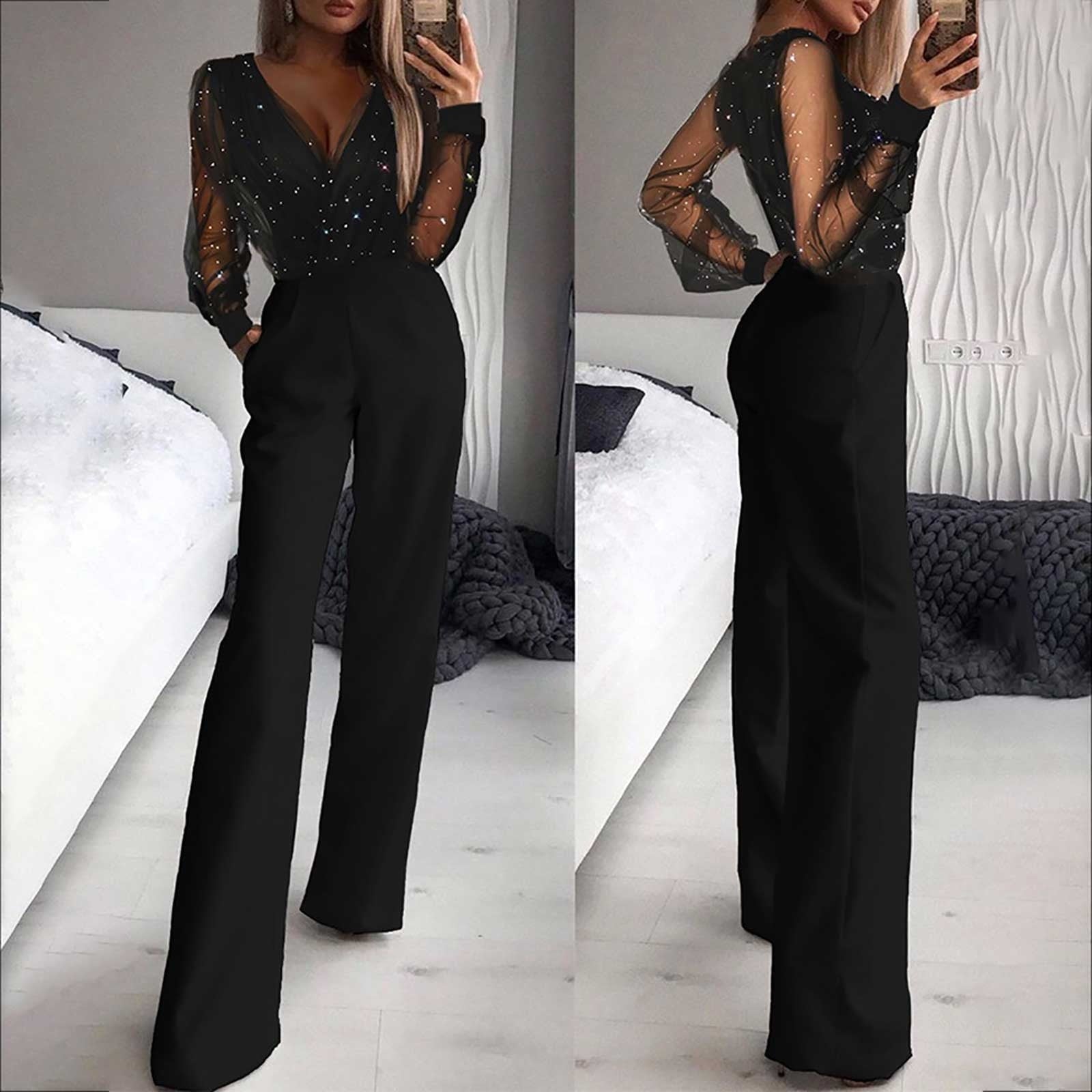 Elegant Black Jumpsuit Women - Long Sleeve Wide Leg Design for Versatile Style 1