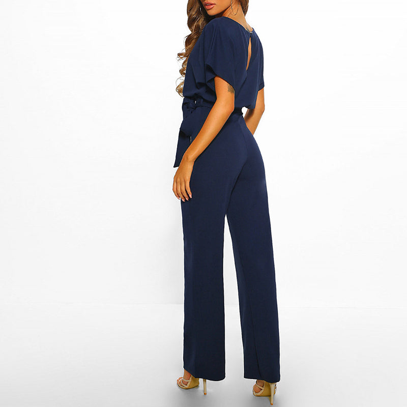 Elegant Black Jumpsuit for Women - Wide Leg Design, Belted Waist, Short Sleeves 1