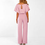 Elegant Black Jumpsuit for Women - Wide Leg Design, Belted Waist, Short Sleeves 2