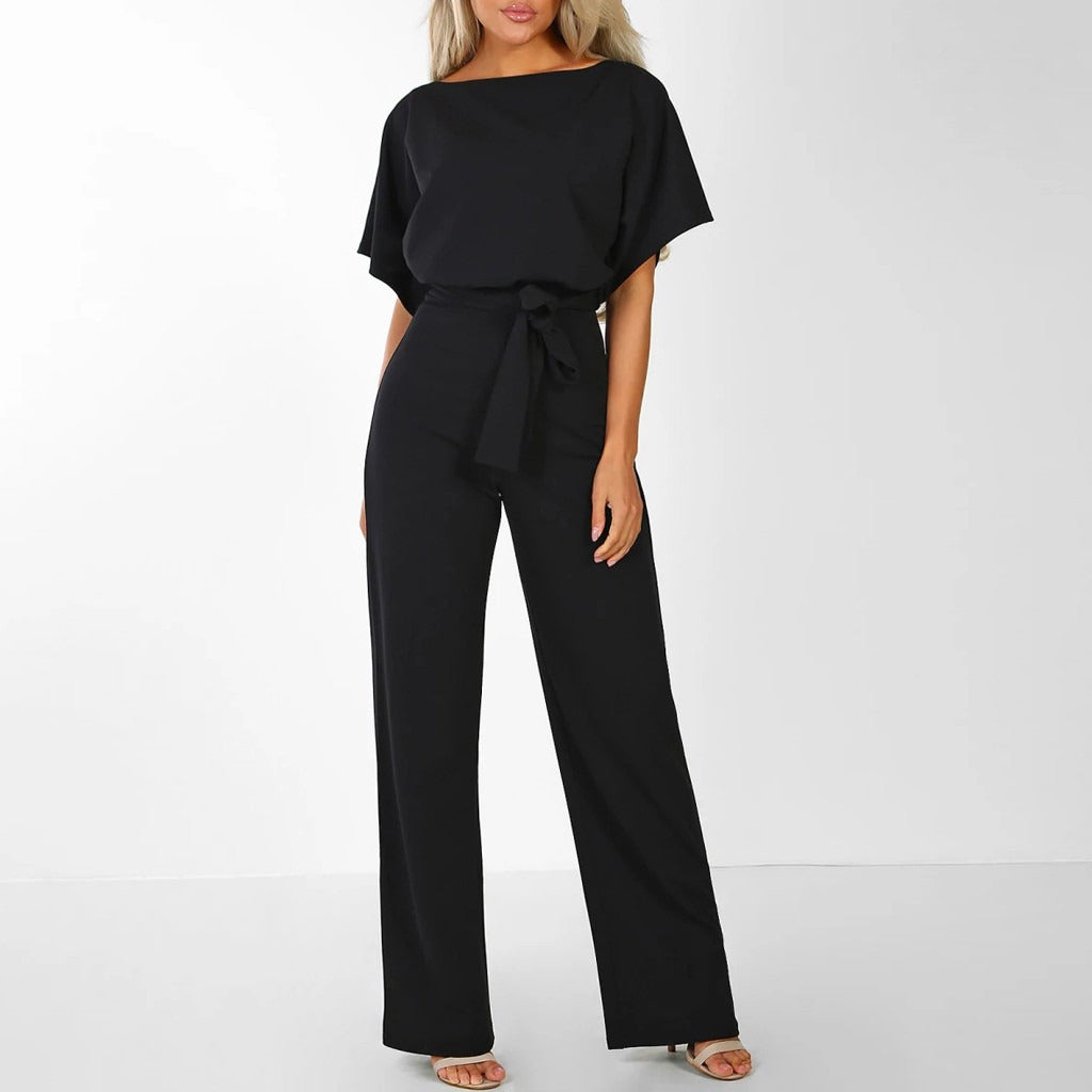 Elegant Black Jumpsuit for Women - Wide Leg Design, Belted Waist, Short Sleeves 3