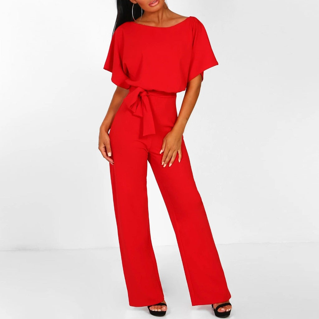 Elegant Black Jumpsuit for Women - Wide Leg Design, Belted Waist, Short Sleeves 7