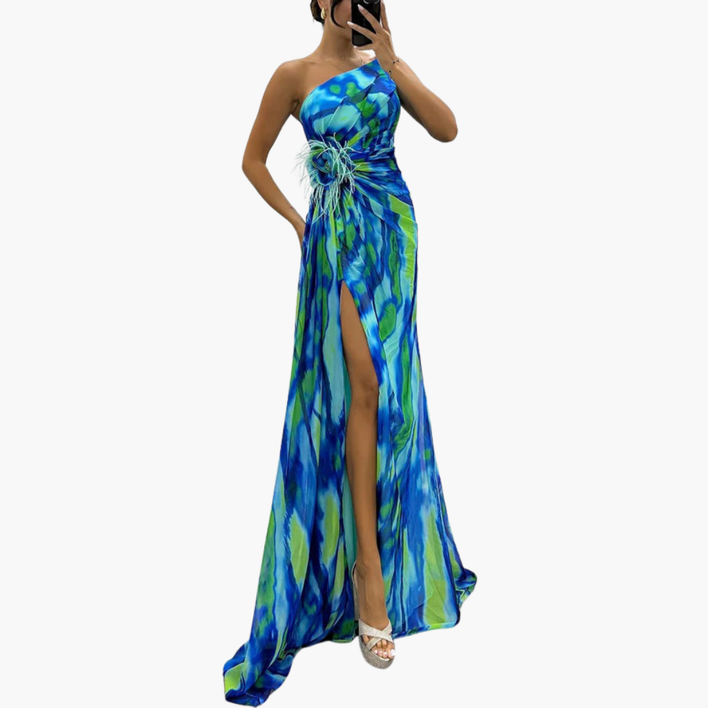 Elegant One Shoulder Maxi Dress for Women - Vibrant Print & Flowing Silhouette 0
