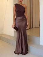 Elegant One Shoulder Pleated Maxi Dress for Women - Floor-Length Long Dress 0