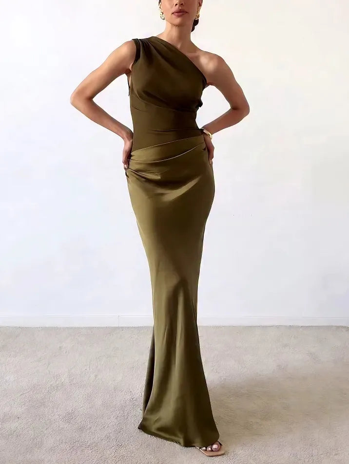 Elegant One Shoulder Pleated Maxi Dress for Women - Floor-Length Long Dress 1