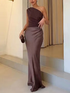 Elegant One Shoulder Pleated Maxi Dress for Women - Floor-Length Long Dress 5