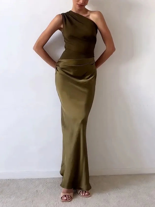 Elegant One Shoulder Pleated Maxi Dress for Women - Floor-Length Long Dress 7