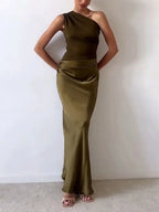 Elegant One Shoulder Pleated Maxi Dress for Women - Floor-Length Long Dress 7
