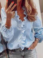 Elegant Ruffled V-Neck Long Sleeve Blouse for Women - 100% Polyester Top 0
