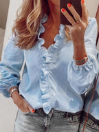 Elegant Ruffled V-Neck Long Sleeve Blouse for Women - 100% Polyester Top 1