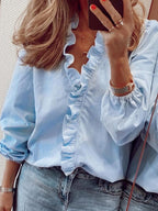 Elegant Ruffled V-Neck Long Sleeve Blouse for Women - 100% Polyester Top 2