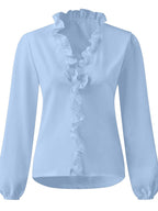 Elegant Ruffled V-Neck Long Sleeve Blouse for Women - 100% Polyester Top 3