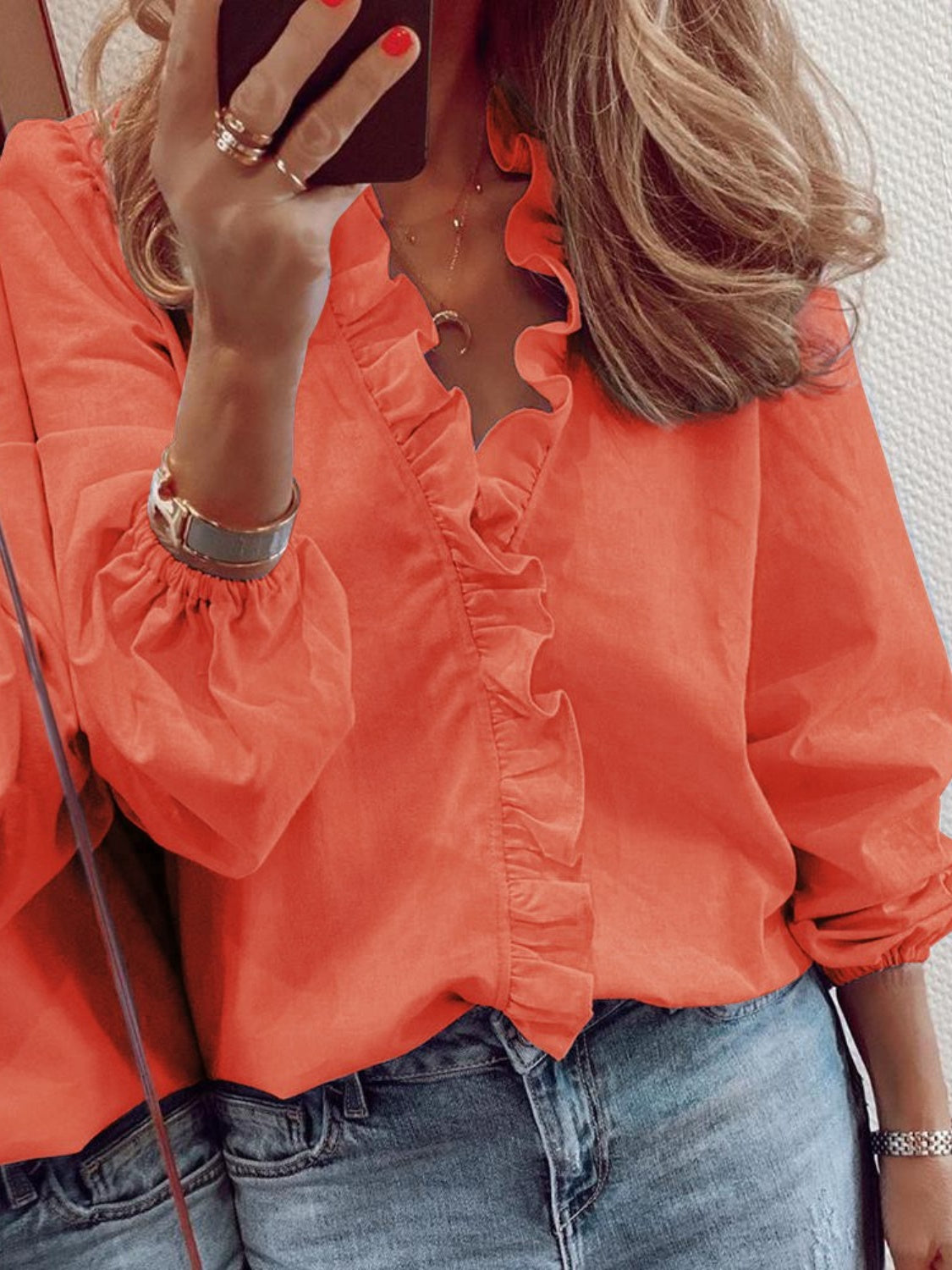 Elegant Ruffled V-Neck Long Sleeve Blouse for Women - 100% Polyester Top 7