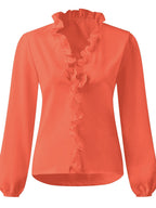 Elegant Ruffled V-Neck Long Sleeve Blouse for Women - 100% Polyester Top 8